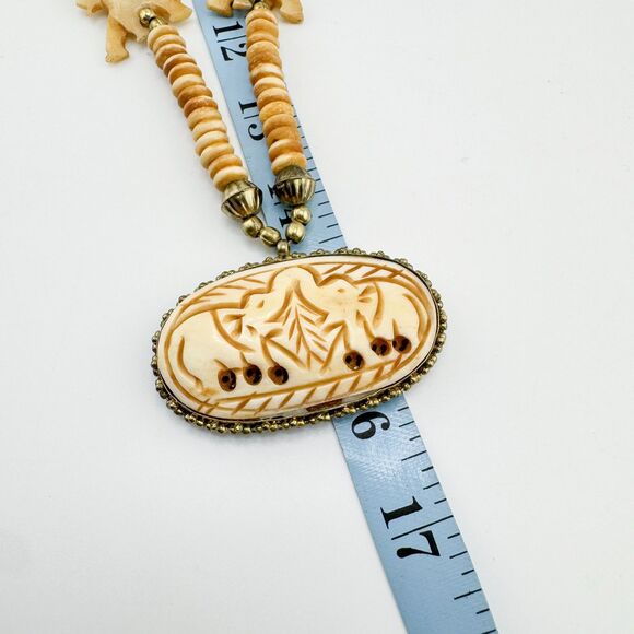 Carved Elephant Pendant Necklace Tribal Ethnic Organic Bead Brass Tone Statement - Picture 11 of 11